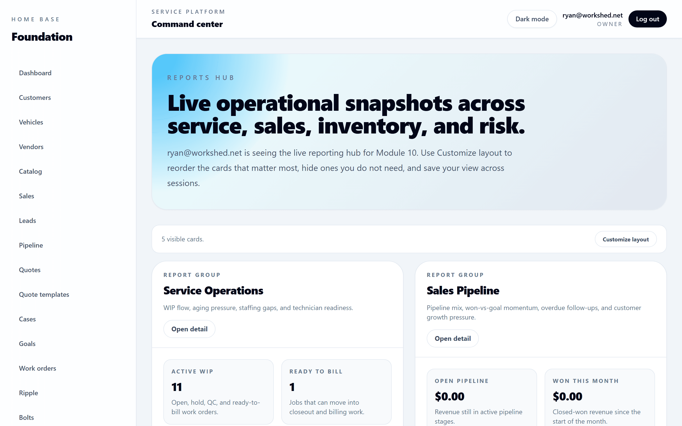 Home Base reports hub showing report groups and operational metric cards.