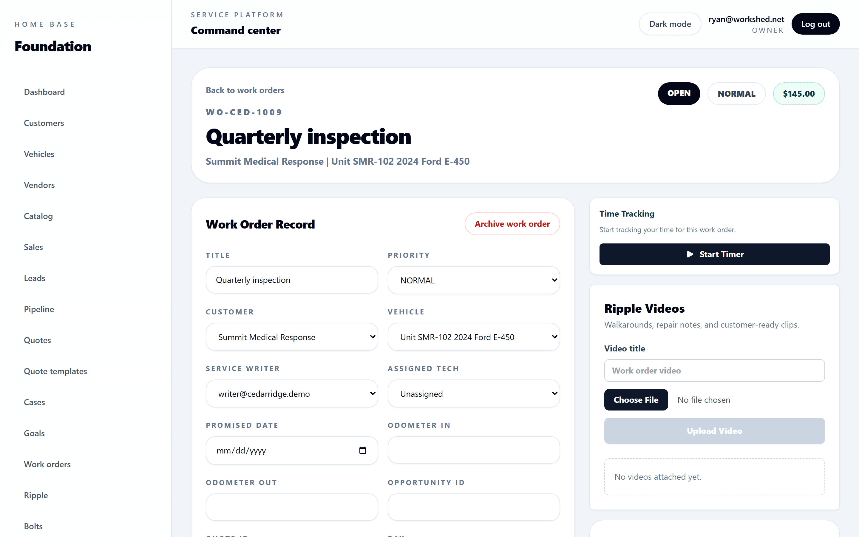 Home Base work order detail screen with work order and customer context.